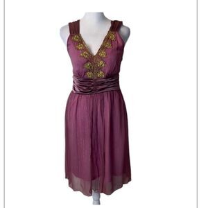 Star Model size small purple mini dress with gold accents and satin ribbon GUC